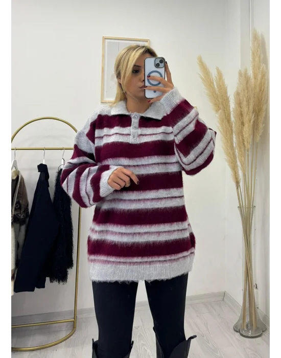 Polo Yaka Çizgili Tüylü Triko Kazak - Bordo Gri