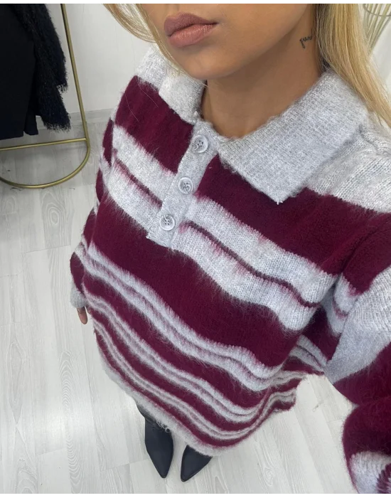 Polo Yaka Çizgili Tüylü Triko Kazak - Bordo Gri
