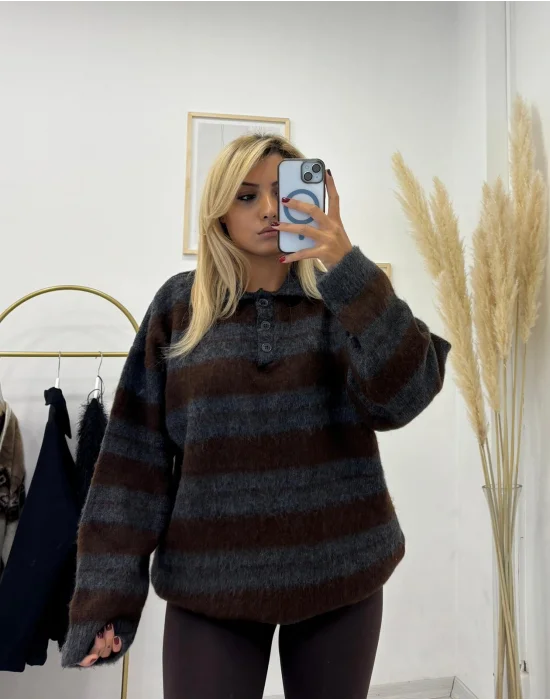 Polo Yaka Çizgili Tüylü Triko Kazak - Kahve Gri