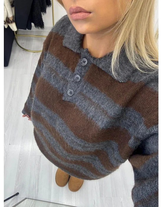 Polo Yaka Çizgili Tüylü Triko Kazak - Kahve Gri