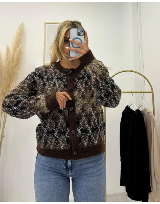 Desenli, Bisiklet Yaka, Pofuduk Düğmeli Hırka - Kahve Tonları