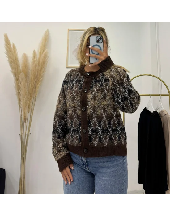 Desenli, Bisiklet Yaka, Pofuduk Düğmeli Hırka - Kahve Tonları