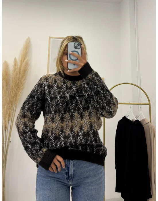 Desenli, Bisiklet Yaka, Pofuduk Triko Kazak - Kahve