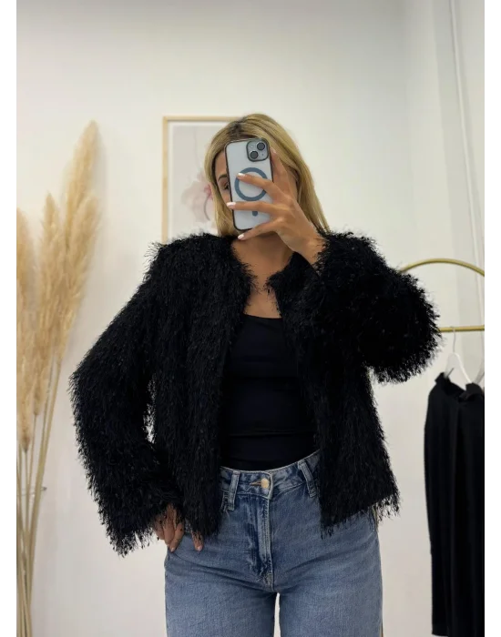 Shaggy Dokuma Kısa Ceket - Siyah