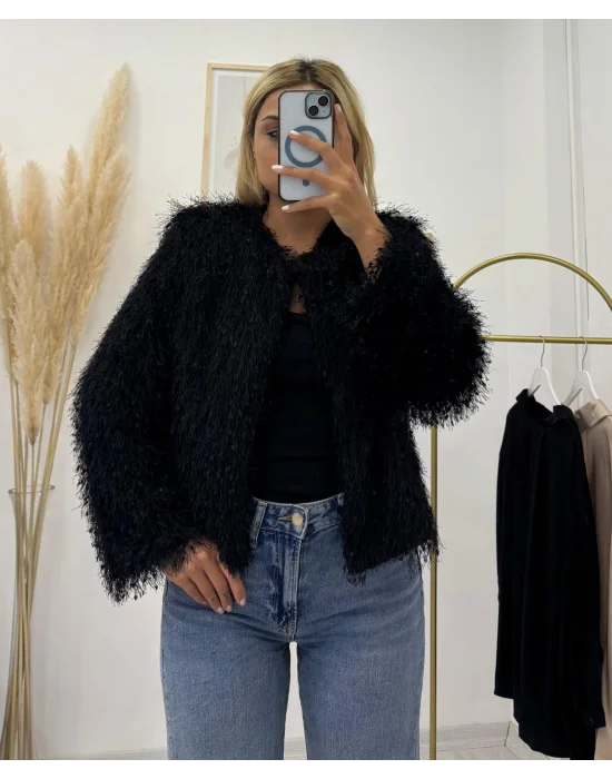 Shaggy Dokuma Kısa Ceket - Siyah