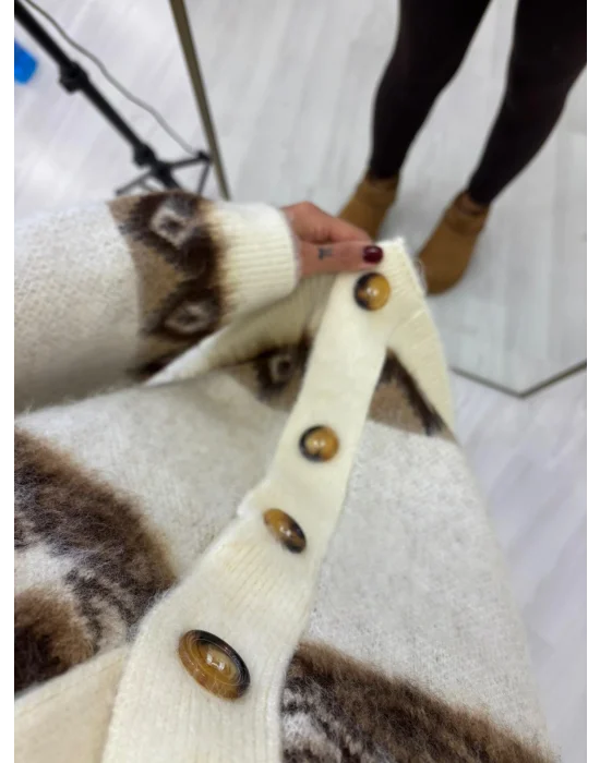 Jakarlı Desenli Oversize V Yaka Hırka - Kahve Krem