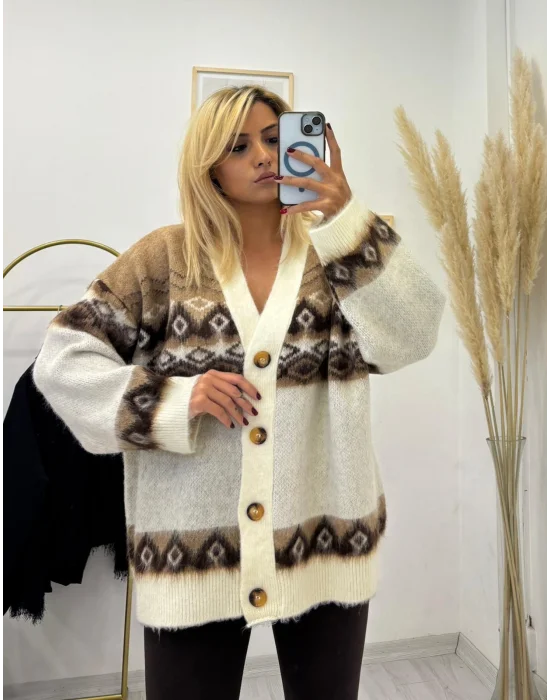 Jakarlı Desenli Oversize V Yaka Hırka - Kahve Krem