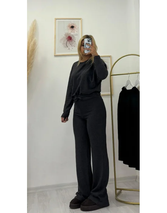 Bağlama Detaylı Bisiklet Yaka Triko Takım - Antrasit Gri