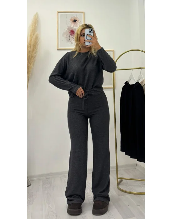 Bağlama Detaylı Bisiklet Yaka Triko Takım - Antrasit Gri