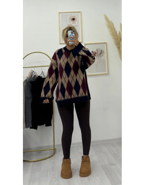 Baklava Desenli Triko Kazak - Bej/Bordo/Lacivert