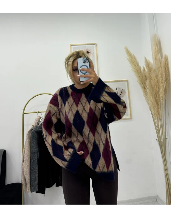 Baklava Desenli Triko Kazak - Bej/Bordo/Lacivert