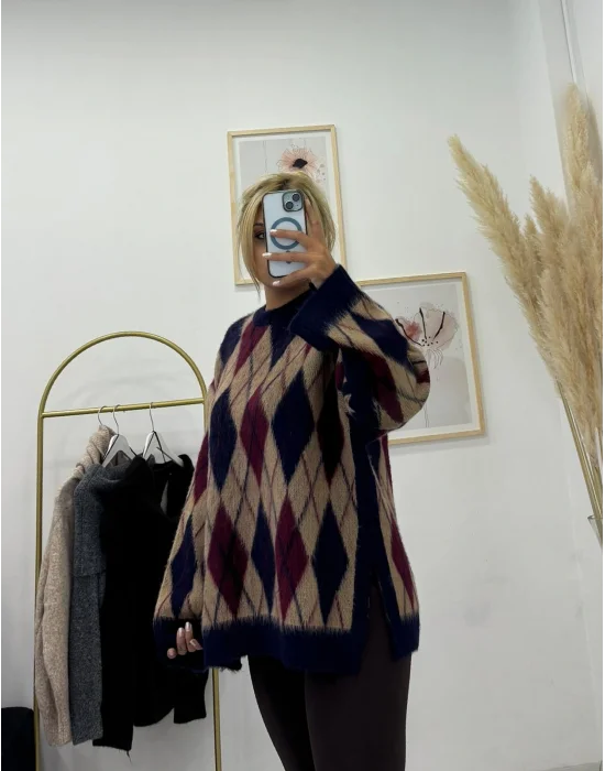 Baklava Desenli Triko Kazak - Bej/Bordo/Lacivert