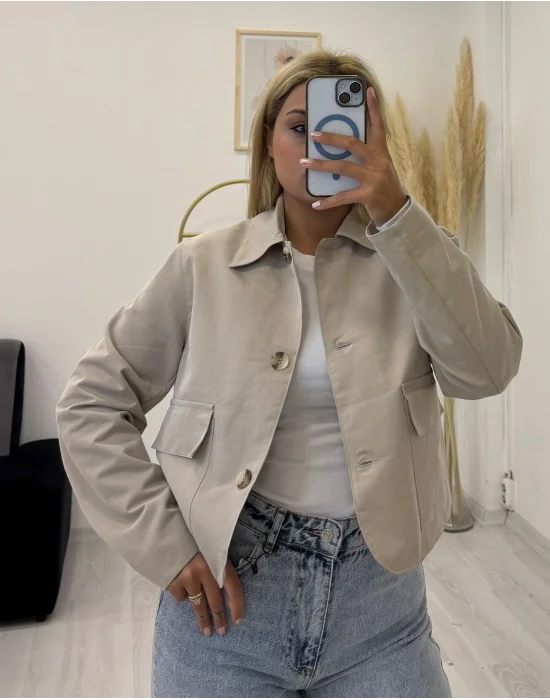 Crop Kesim Klasik Yakalı Büyük Cepli Kanvas Ceket - Bej/Vizon