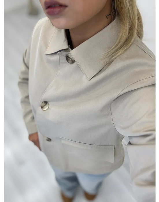 Crop Kesim Klasik Yakalı Büyük Cepli Kanvas Ceket - Bej/Vizon