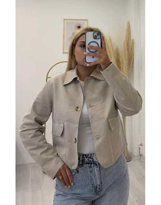 Crop Kesim Klasik Yakalı Büyük Cepli Kanvas Ceket - Bej/Vizon