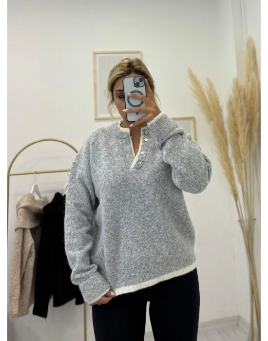 Oversize Düğmeli Henley Yaka Basic Triko Kazak - Açık Gri