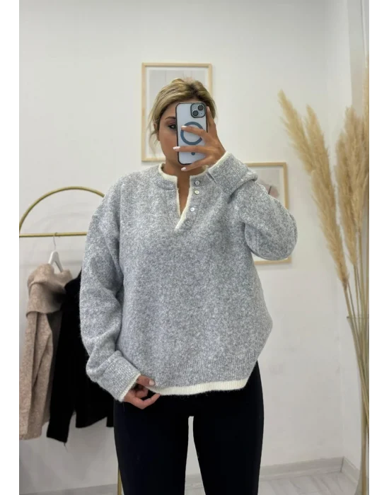 Oversize Düğmeli Henley Yaka Basic Triko Kazak - Açık Gri