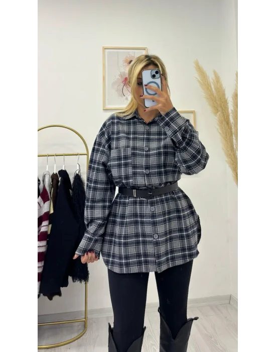 Ekose Desenli Uzun Gömlek - Siyah Gri