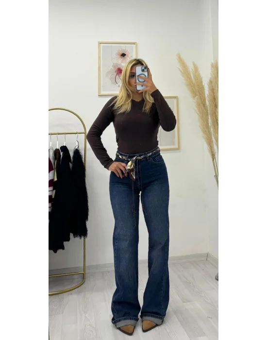 Fular Kemerli Yüksek Bel Düz Paça Jean - Koyu Lacivert