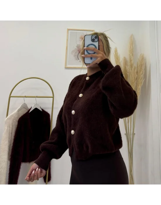 Gold Düğmeli Bukle (Fuzzy) Triko Hırka - Krem, Kahverengi & Siyah