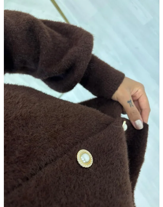 Gold Düğmeli Bukle (Fuzzy) Triko Hırka - Krem, Kahverengi & Siyah