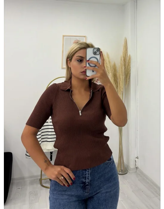 Kısa Kollu Fermuarlı Polo Yaka Triko