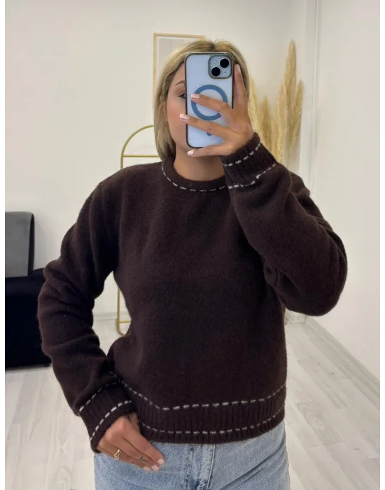 Kontrast Beyaz Dikiş Detaylı Kalın Triko Kazak - Haki & Kahverengi