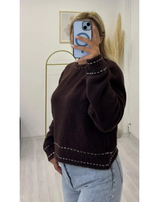 Kontrast Beyaz Dikiş Detaylı Kalın Triko Kazak - Haki & Kahverengi