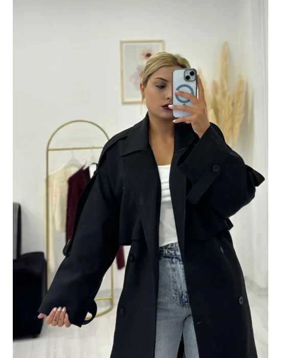 Kruvaze Kapamalı Geniş Yakalı Uzun Trençkot - Açık Gri, Lacivert & Siyah