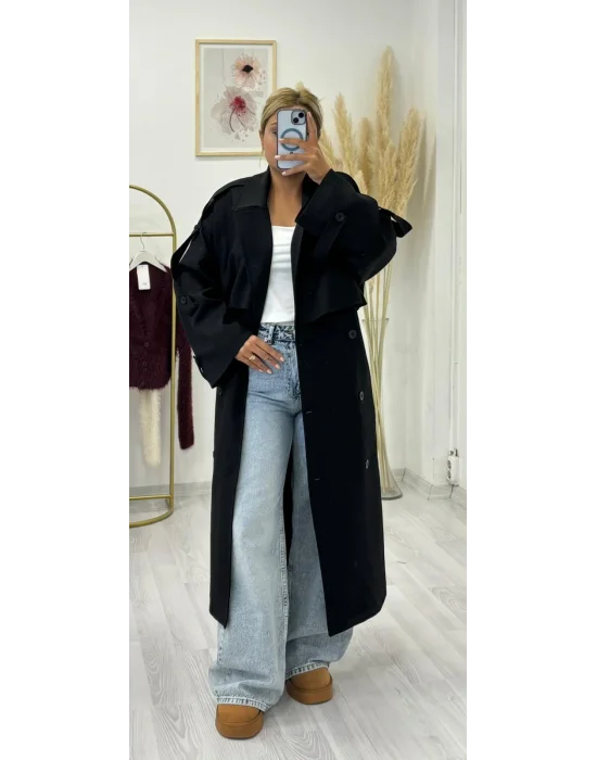 Kruvaze Kapamalı Geniş Yakalı Uzun Trençkot - Açık Gri, Lacivert & Siyah