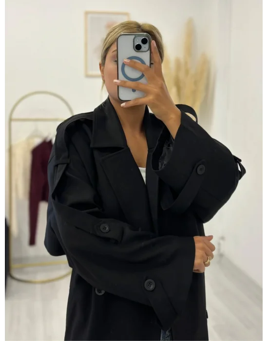 Kruvaze Kapamalı Geniş Yakalı Uzun Trençkot - Açık Gri, Lacivert & Siyah