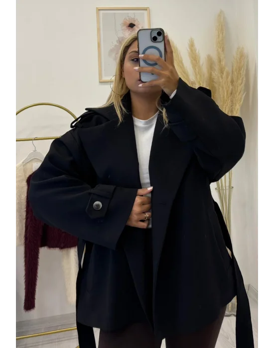 Kruvaze Kuşaklı Geniş Yakalı Kısa Kaşe Ceket - Bej, Siyah & Vizon