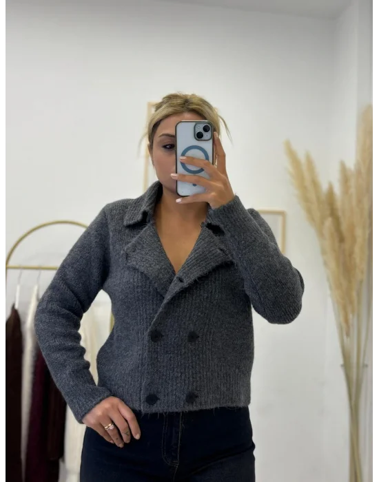 Kruvaze Yakalı Çift Düğmeli Fitilli Örgü Kısa Triko Hırka - Antrasit/Koyu Gri