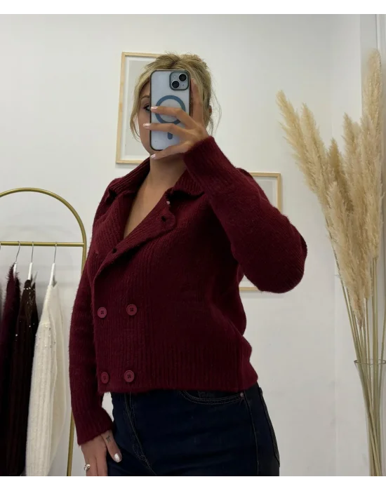Kruvaze Yakalı Çift Düğmeli Fitilli Örgü Kısa Triko Hırka - Vişne Çürüğü/Bordo