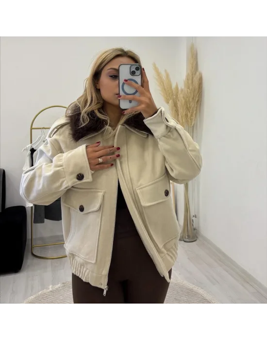 Kürklü Yaka Cepli Bomber Kısa Mont - Krem/Siyah