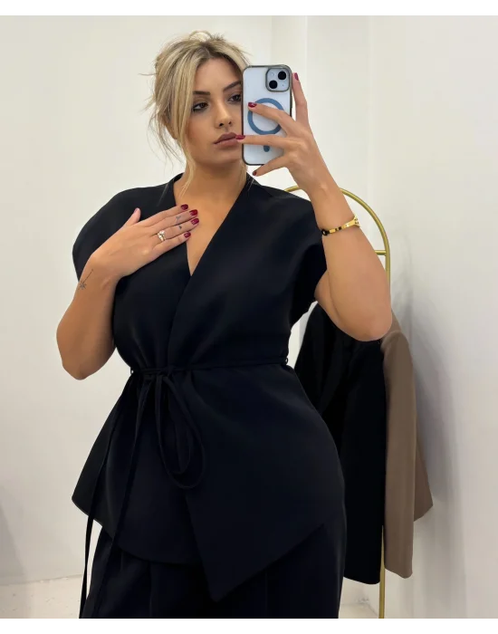 Kuşaklı Kruvaze Yelek & Bol Paça Pantolon Takımı - Lacivert/Siyah/Kahve