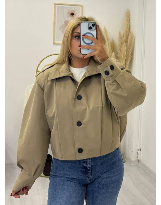 Oversize Balon Kol Kısa Ceket - Bej / Camel