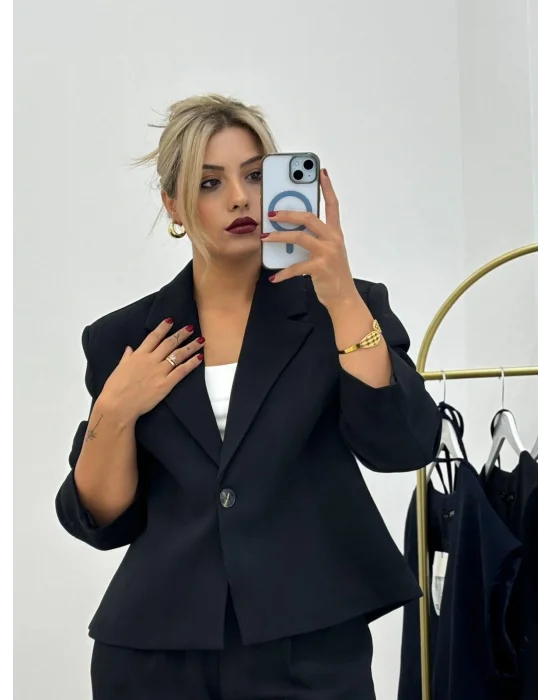 Oversize Crop Blazer ve Geniş Paça Pantolon Takımı - Vizon/Siyah