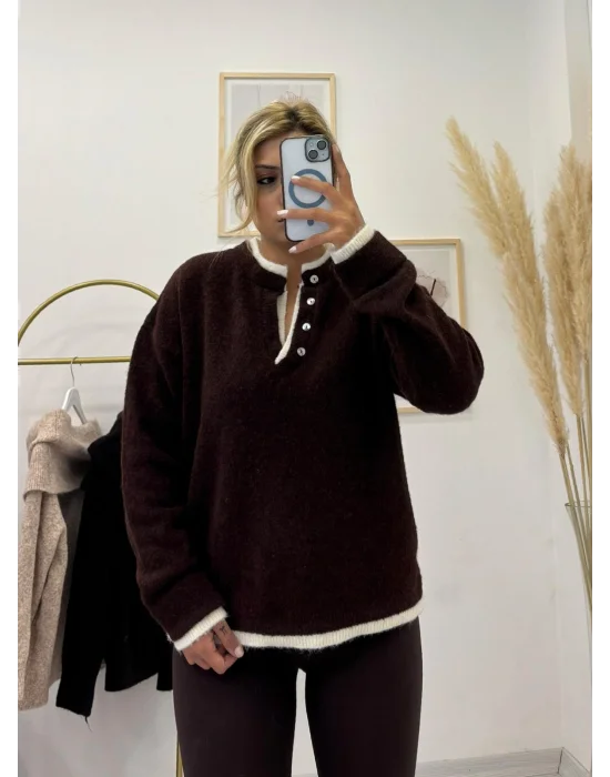 Oversize Düğmeli Henley Yaka Basic Triko Kazak - Koyu Kahverengi
