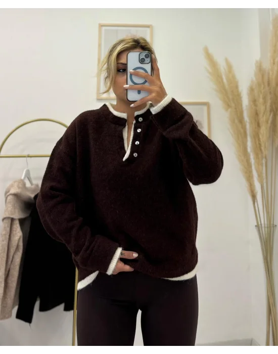 Oversize Düğmeli Henley Yaka Basic Triko Kazak - Koyu Kahverengi