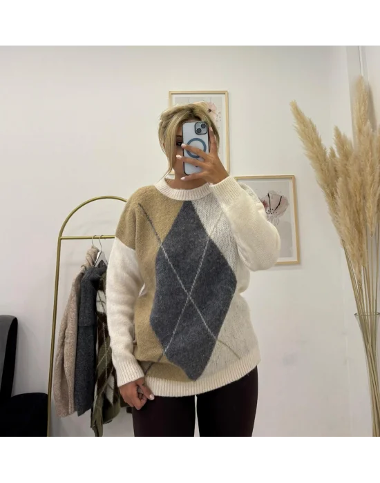 Argyle Desenli Oversize Kazak - Krem/Camel/Gri