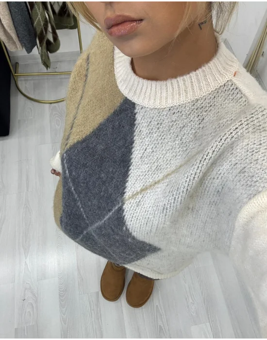 Argyle Desenli Oversize Kazak - Krem/Camel/Gri