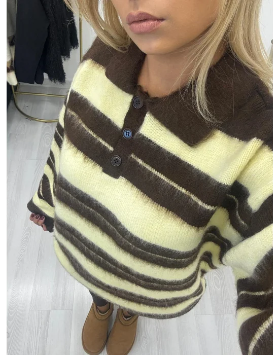 Polo Yaka Çizgili Tüylü Triko Kazak - Kahve Sarı