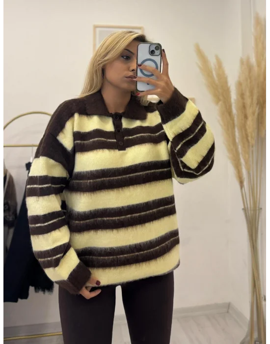 Polo Yaka Çizgili Tüylü Triko Kazak - Kahve Sarı
