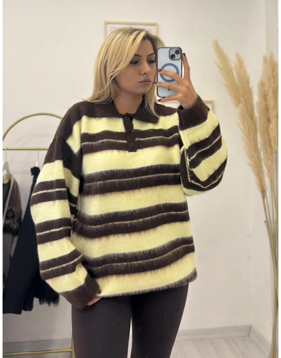 Polo Yaka Çizgili Tüylü Triko Kazak - Kahve Sarı