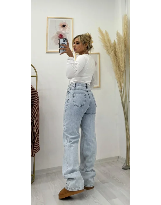 Yüksek Bel Düz Paça Klasik Bitişli Jean Pantolon - Açık Mavi