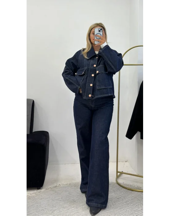 Yüksek Bel Koyu İndigo Mavi Düz Paça Jean Pantolon (Ceketiyle Takım Kombinlenebilir)