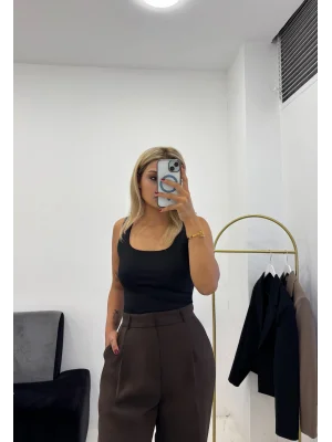 Çikolata Kahve Pile Detaylı Yüksek Bel Wide Leg Pantolon
