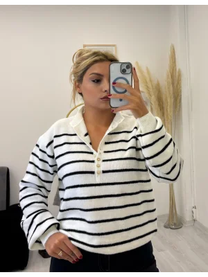 Düğmeli Yaka Çizgili Oversize Kazak