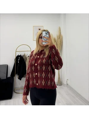 Baklava Desenli Düğmeli Hırka - Bordo